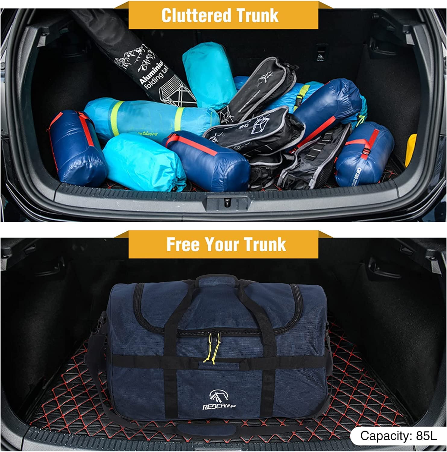 REDCAMP 85L Foldable Duffle Bag with Wheels 26", 1680D Oxford Collapsible Large Duffel Bag with Rollers for Camping Travel Gear, Navy