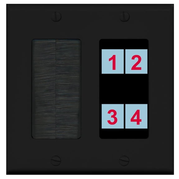 Ultra Spec Cables 4 Port Custom Keystone Wall Plate 2 Gang Black w/Brush Insert