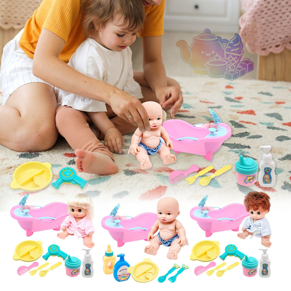 8 Inch Blinking Eyes Vinyl Baby Doll Bath Playset with Bathtub & Simulation Bath Accessories, Pretend Play Toy, Baby Care Role Play Set, Birthday Holiday Gift for Boys and Girls Ages 3 and Up