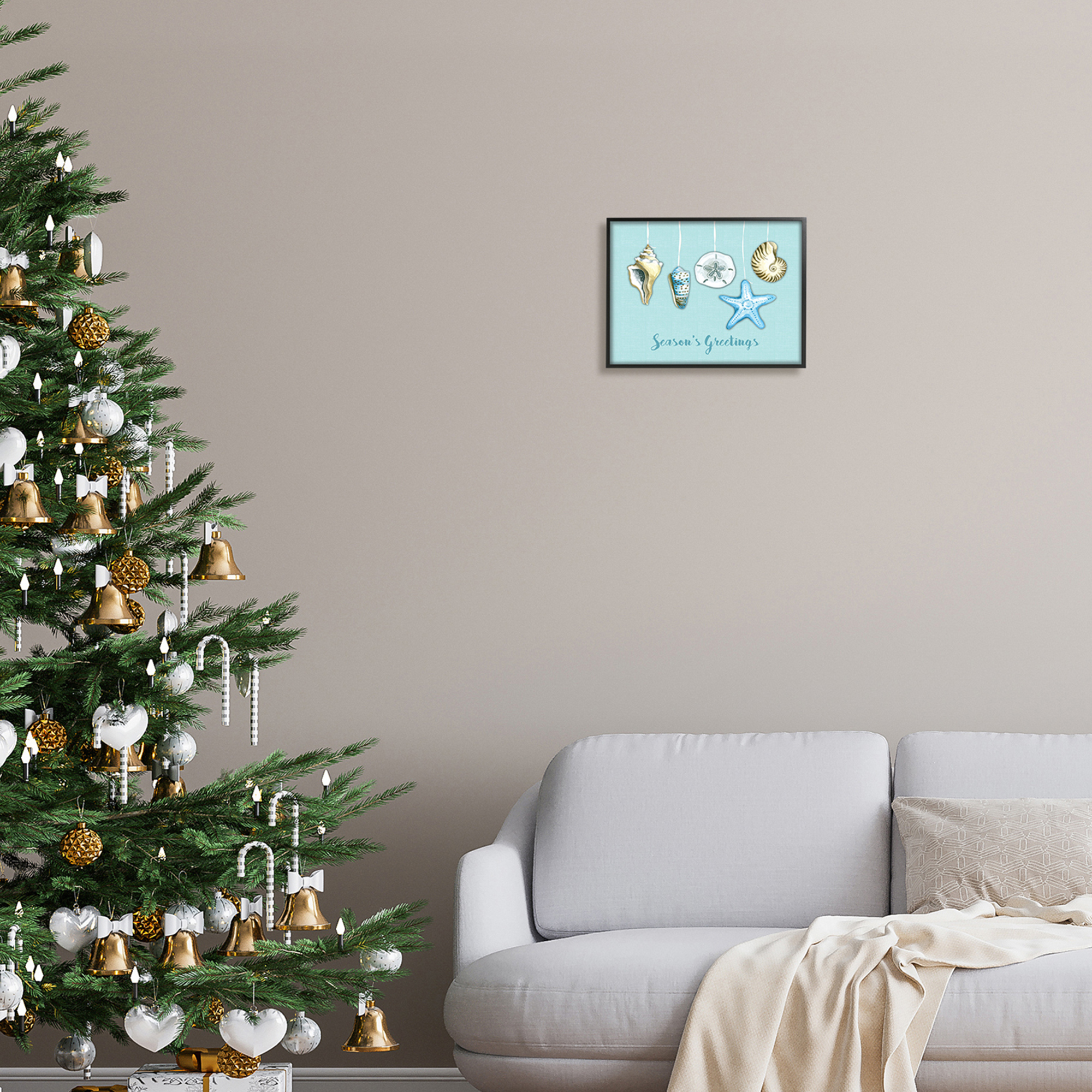Season's Greetings Festive Beach Holiday Seashells Hanging Coastal Graphic Art Framed Art Print Wall Art