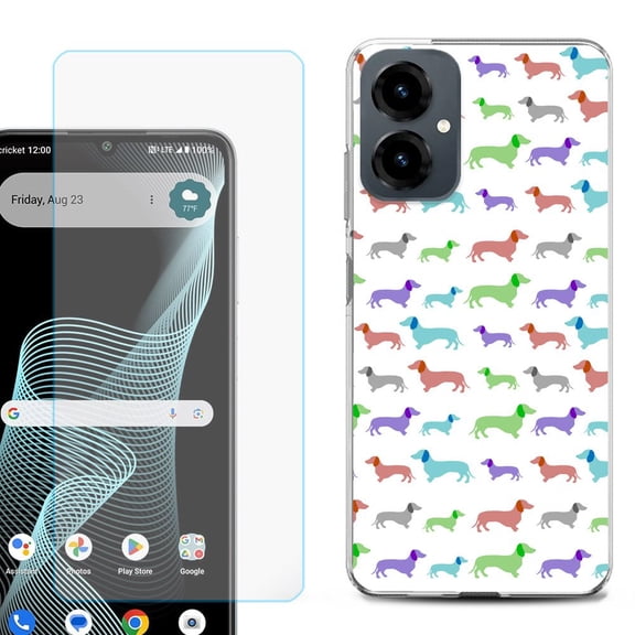Shockproof Phone Case for Cricket Icon 2026, with Screen Protector, by OneToughShield - Colorful Dachshund/Puppy