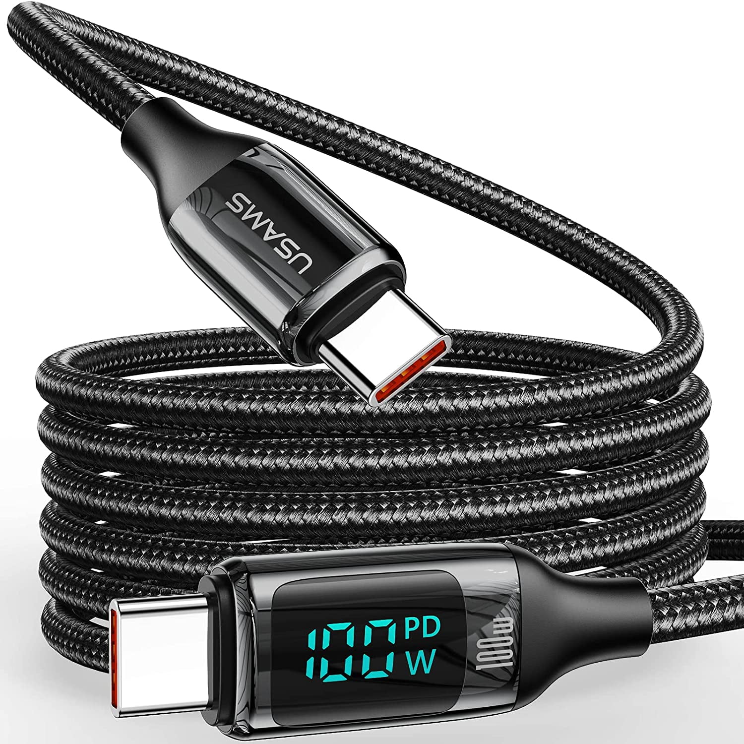 6.6FT USB A To USB C Cable - 100W Fast Charging, LED Display, Nylon Braided