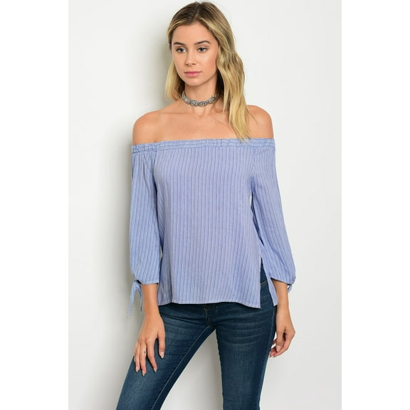 Must Have Indigo White Stripes Off Shoulder Top Medium