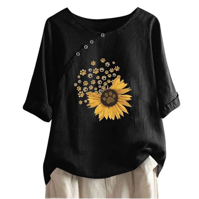 Blouses pour Femmes, T-shirt Décontracté en Coton et Lin Imprimé à Manches Courtes et Col Rond avec Boutons