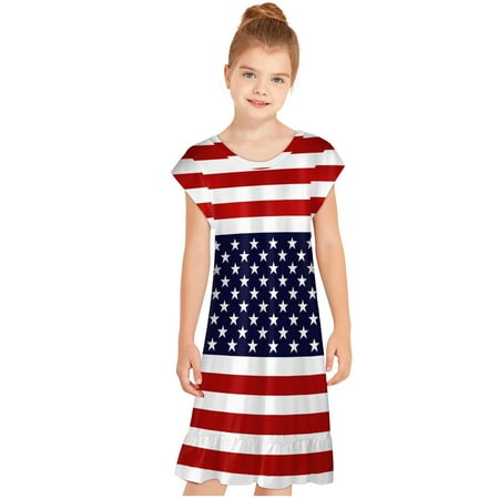 

DTBPRQ 4th of July Dress Toddler Girl American Flag Dresses Short Sleeve Patriotic Clothes Independence Day Outfits