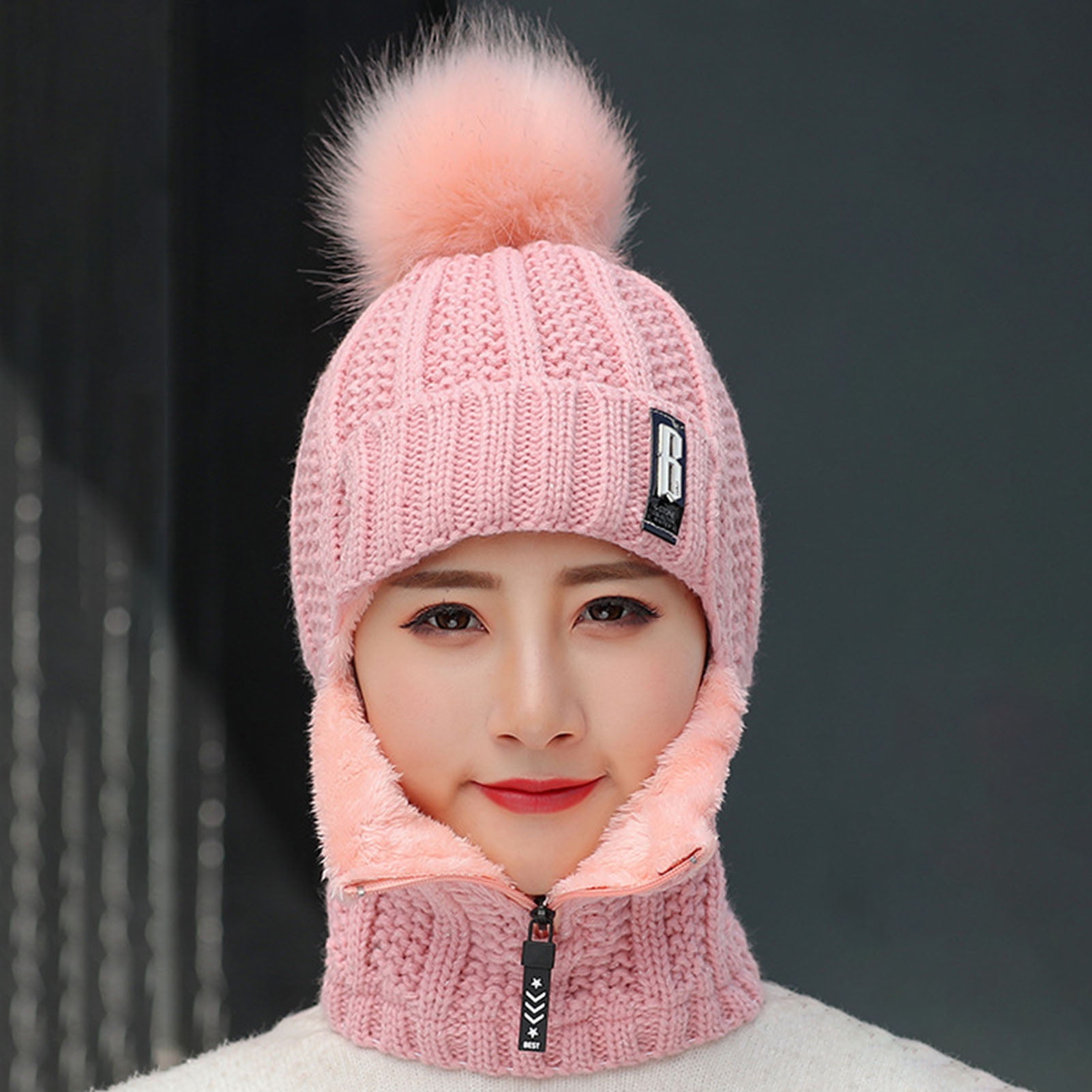 Dengjunhu Women Winter Beanie Hats One-Piece Fleece Lined Zipper Knit Mask Set Skull Neck Circle Scarf Ski Snow Hat Cap with Pompom
