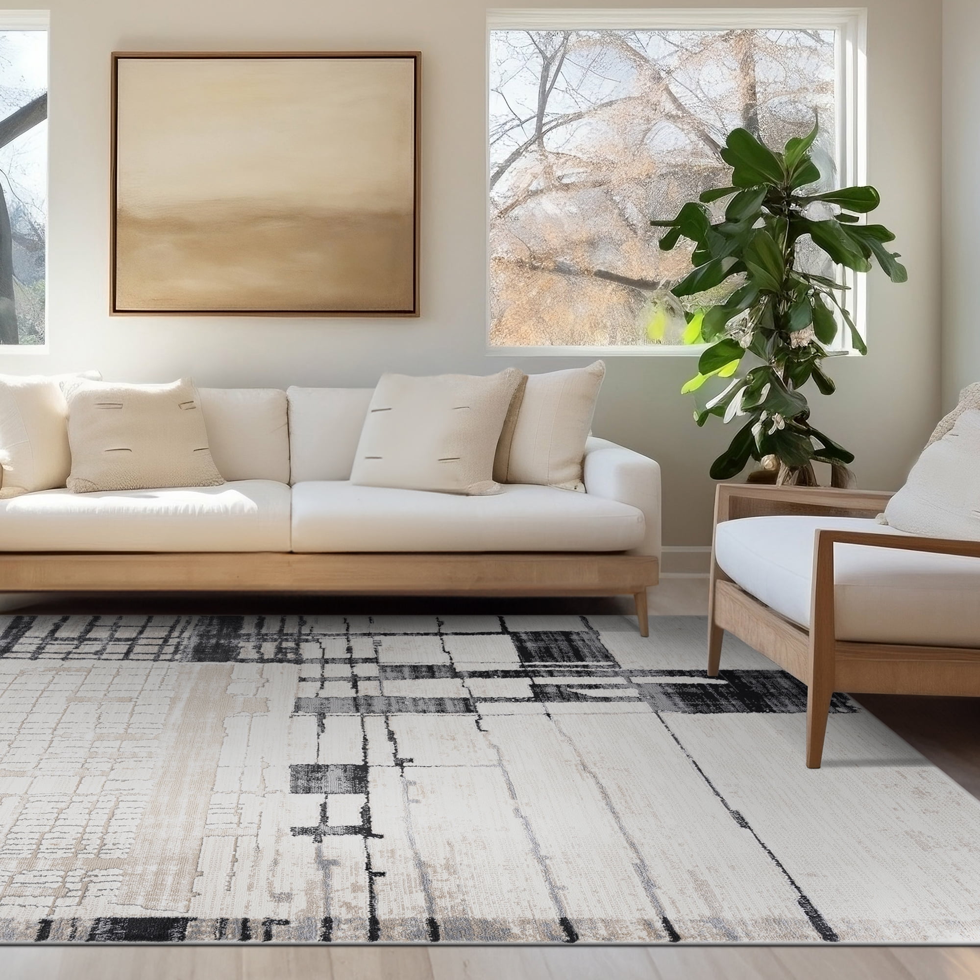 Alpha Contemporary 5' x 7' Beige and Black Polyester Indoor Area Rug