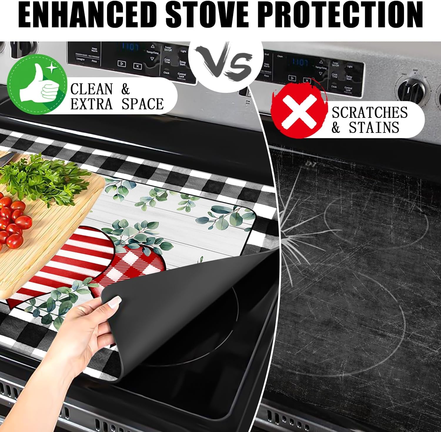 Valentines Day Stove Top Cover Love Heart Gas Stove Top Cover for Home Decoration Kitchen Pad Eucalyptus Leaves Non-Stick Washable Cooktop Covers Countertop Protector Keep Stove Clean Black