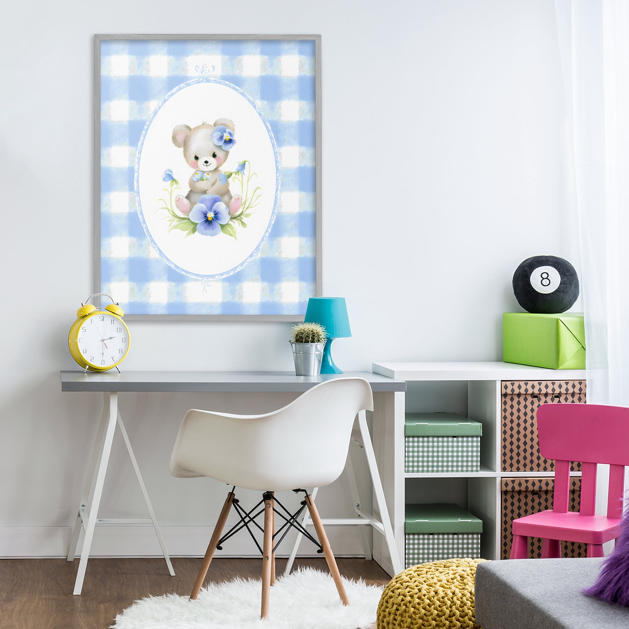 Stupell Industries Little Bear Blue Gingham Gray Framed Giclee Art, design by Arlington Prints