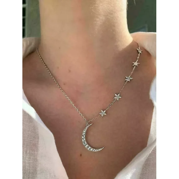 RKC 2.00Ct Round Cut Moissanite Moon & Star Necklace 14k White Gold Plated