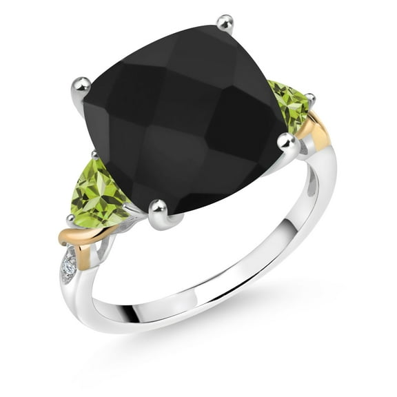 Gem Stone King 925 Silver and 10K Yellow Black Onyx and Green Peridot and Diamond Ring for Women (6.47 Cttw, 12MM Cushion and 5mm Trillion) (Size 8)