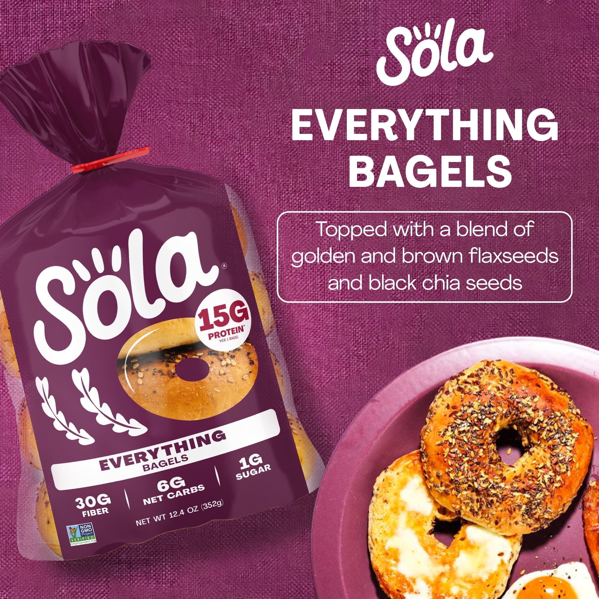 Sola Bread Wheat Everything Bagels, Non-GMO, 12.4 oz, 4 Count ( PACK OF 2 ) FREE CHOCOLATE HERSHEY'S