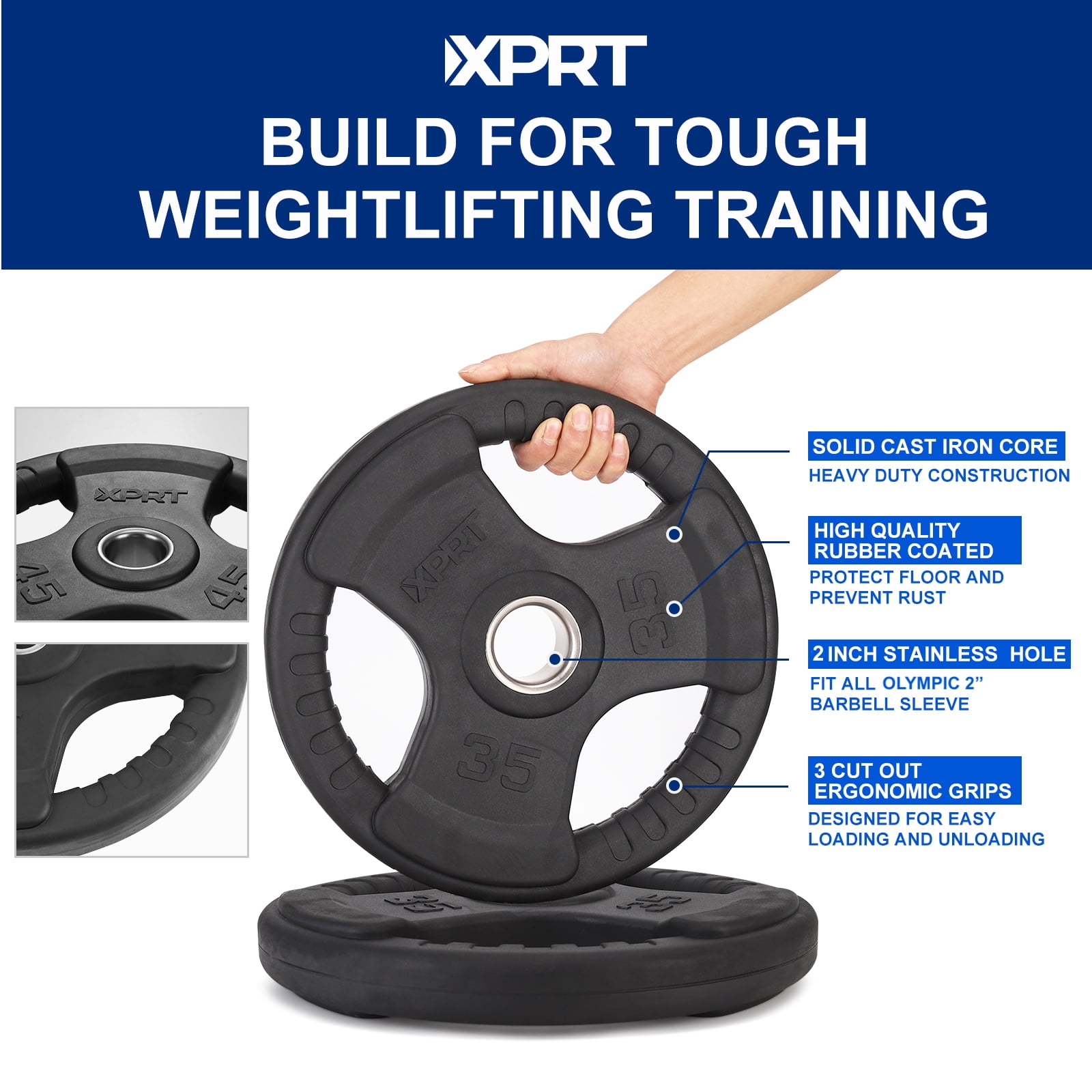 XPRT Fitness Olympic 2-Inch Grip Rubber Coated Weight Plates for Weightlifting,5LB Pair