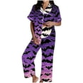 thumbnail image 3 of Feancey Halloween Pajamas Sets Women Button Down Shirt and Elatic Waist Pants Lounge 2 Piece Set Holiday Vintage Two Piece Sleepwear with Pockets Purple L, 3 of 6