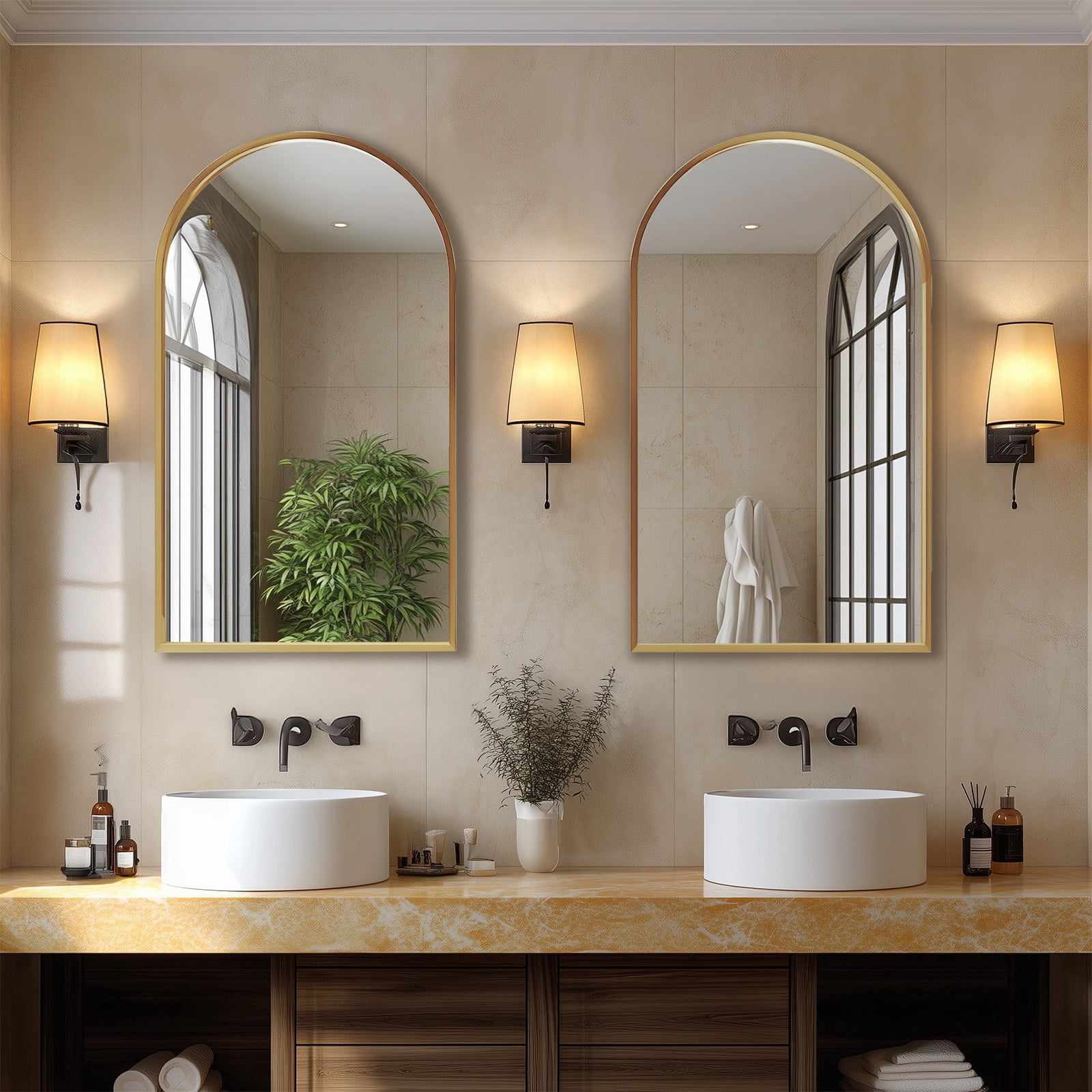 Gianna 24"x36" Arched Wall Mirror, Modern Aluminum Frame Decorative Mirror for Bathroom, Bedroom, Living Room, or Entryway, Gold