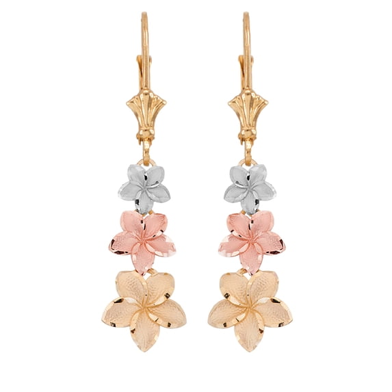 ELEGANT PLUMERIA FLOWER LEVERBACK EARRINGS IN TRI-COLOR GOLD : 14K