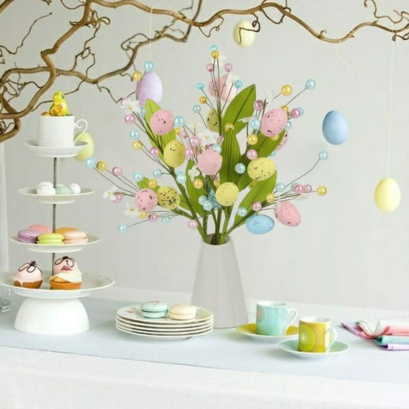 1 Pcs Tiges d'Oeufs Easter Artificiels 15,7 Po de Hauteur Tachetés Colorés Oeufs Easter Pics aux Baies Branches Florales de Printemps pour Maison Vase Arrangement Floral Centres de Table Déco - Multicolore