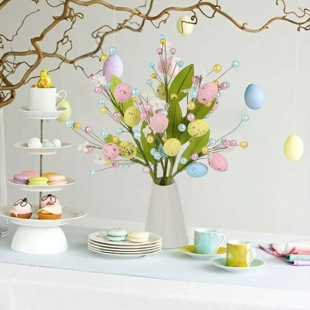 HCBY Artificial Easter Branches With Eggs And Berries, 15.7 Inch Spring Floral Stems for Table Centerpiece, Fake Twig Picks for Easter Wreath Garland Mantle Decor