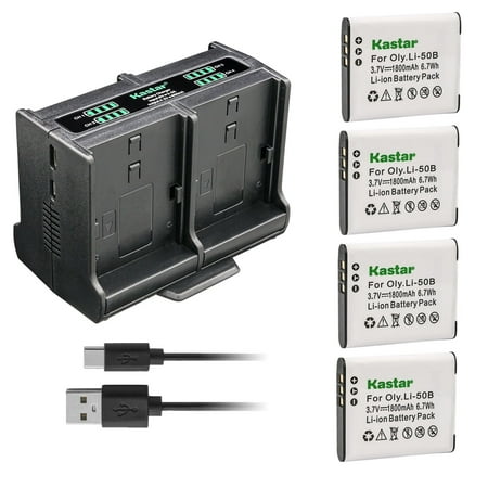 Image of Kastar 4-Pack Battery and Quadruple Charger Compatible with Olympus Tough TG-620 iHS Tough TG-630 iHS Tough TG-805 Tough TG-810 Tough TG-820 iHS Tough TG-830 iHS Tough TG-835 Camera