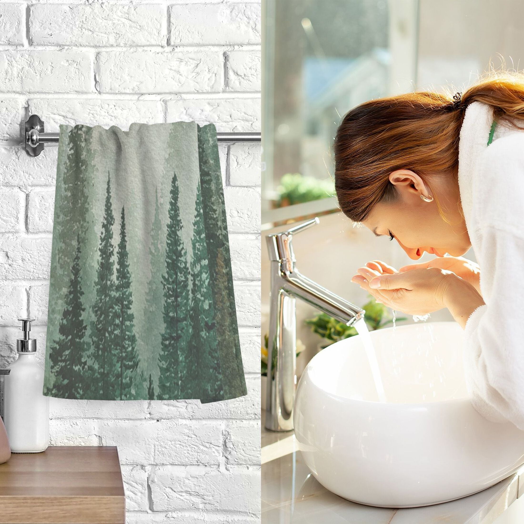 2 Pieces of Cotton Towel Face Towel Set Hand Towel Bath Towel Cotton Bath Towel Sets Beautiful Green Forest