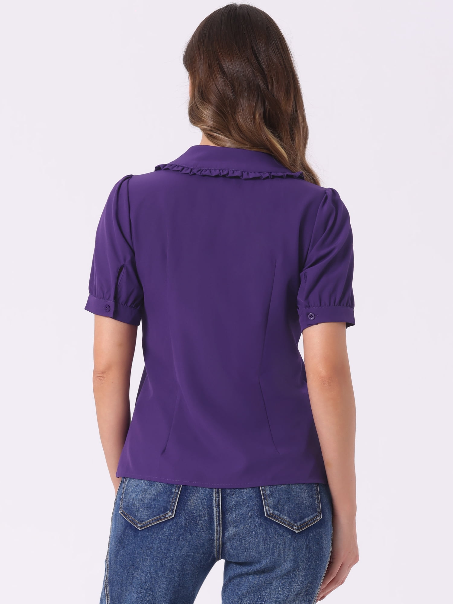DARING DIVA Women's Peter Pan Collared Puff Short Sleeve Retro Blouse XS Dark Purple