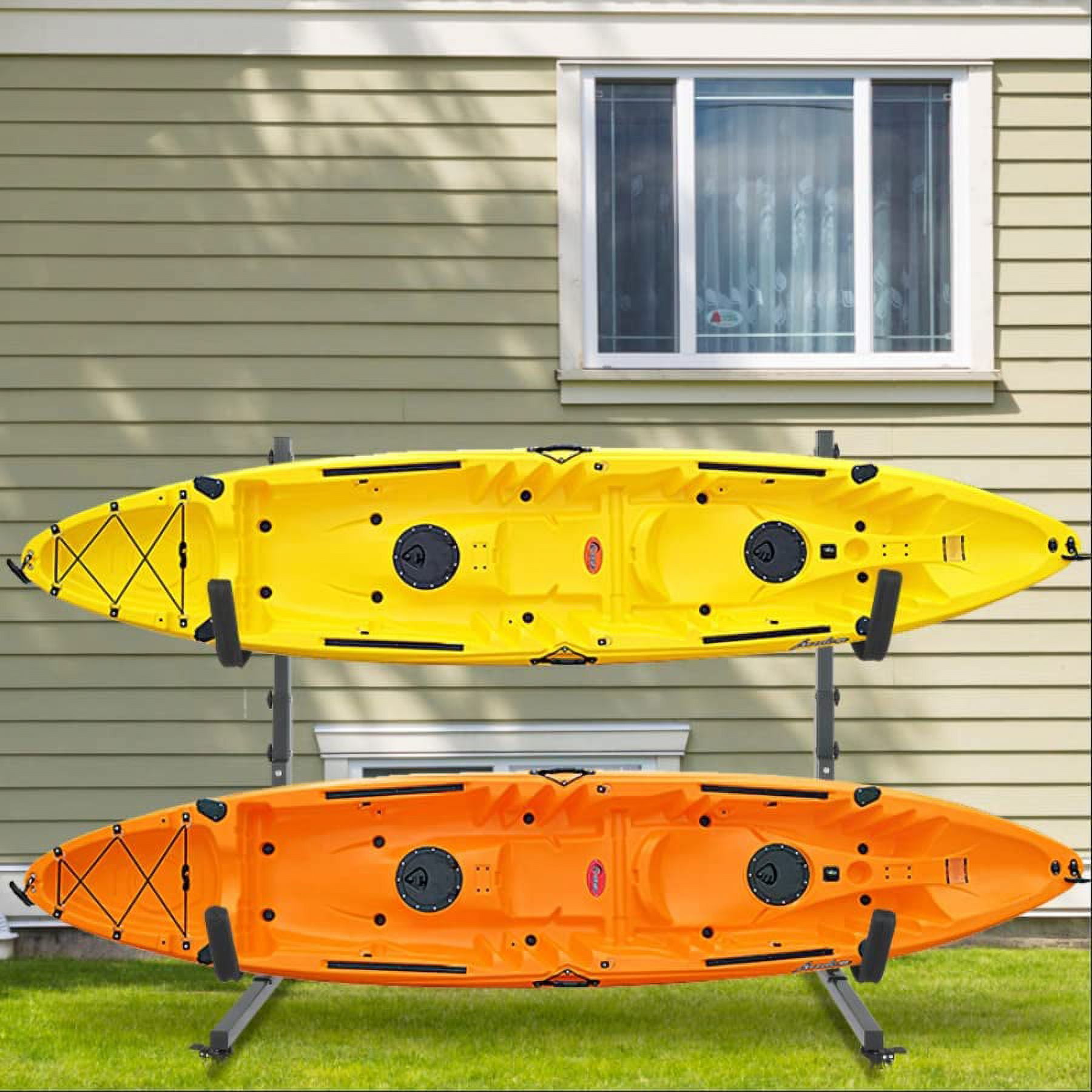 HJTER Kayak Stand Freestanding Storage Rack for Kayak Canoe Boat Paddle Board SUP Surfboard for Indoor Outdoor Garage, Shed, Dock with Lockable Wheels Wide Adjustable