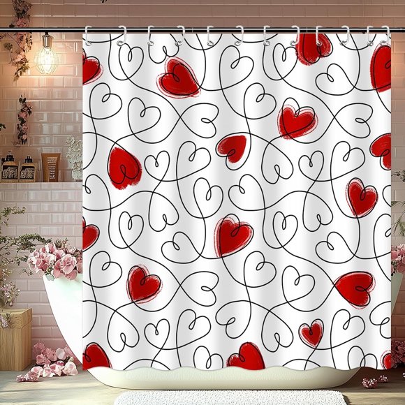 Valentines Day Shower Curtain with 12 Hooks Red Heart Shower Curtain for Valentines Day Decorations, Waterproof Fabric Shower Curtain for Valentines Day Gifts for Her, 72 X 72 Inch (Red, 72x 72)