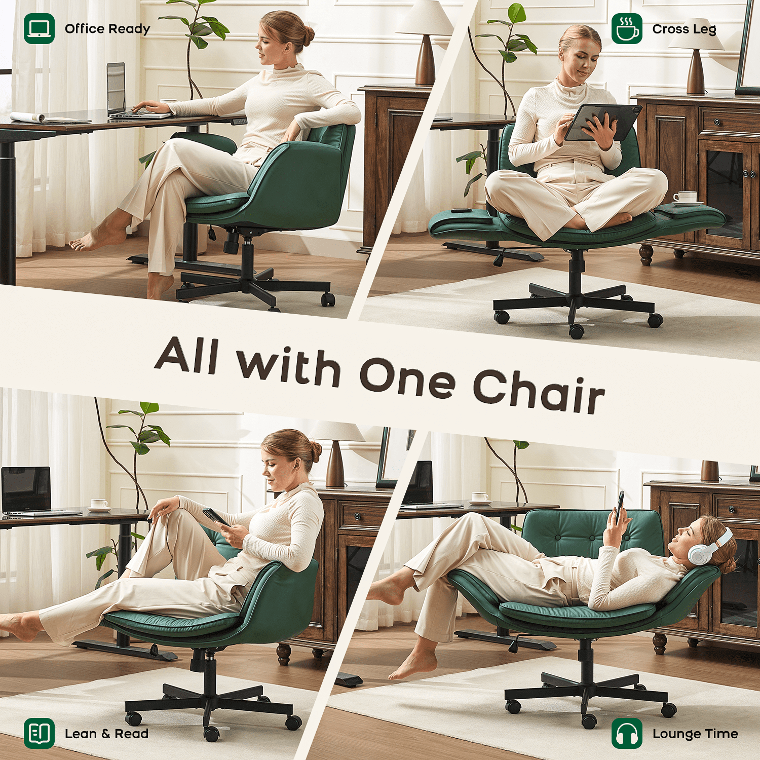 TMV Criss Cross Chair with Wheels & Armrests, Comfy Wide Vanity Chair, PU Leather Cross Legged Desk Chair, Height Adjustable Computer Office Desk Chairs for Home＆Makeup＆Bedroom，Green