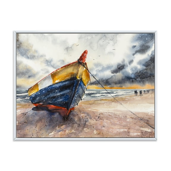 Designart 'Wooden Boat On The Baltic Shores At Evening Glow' Nautical & Coastal Framed Canvas Wall Art Print