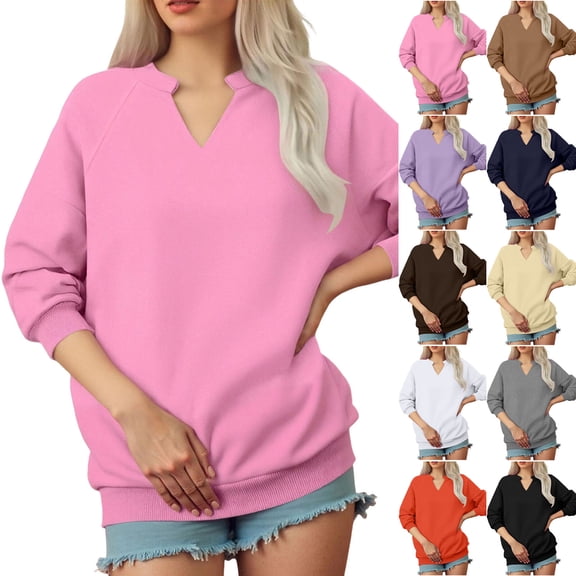 idosla Women Casual Long Sleeve V Neck Sweatshirts Cute Loose Fit Lightweight Pullover Tops (Brown, XL)
