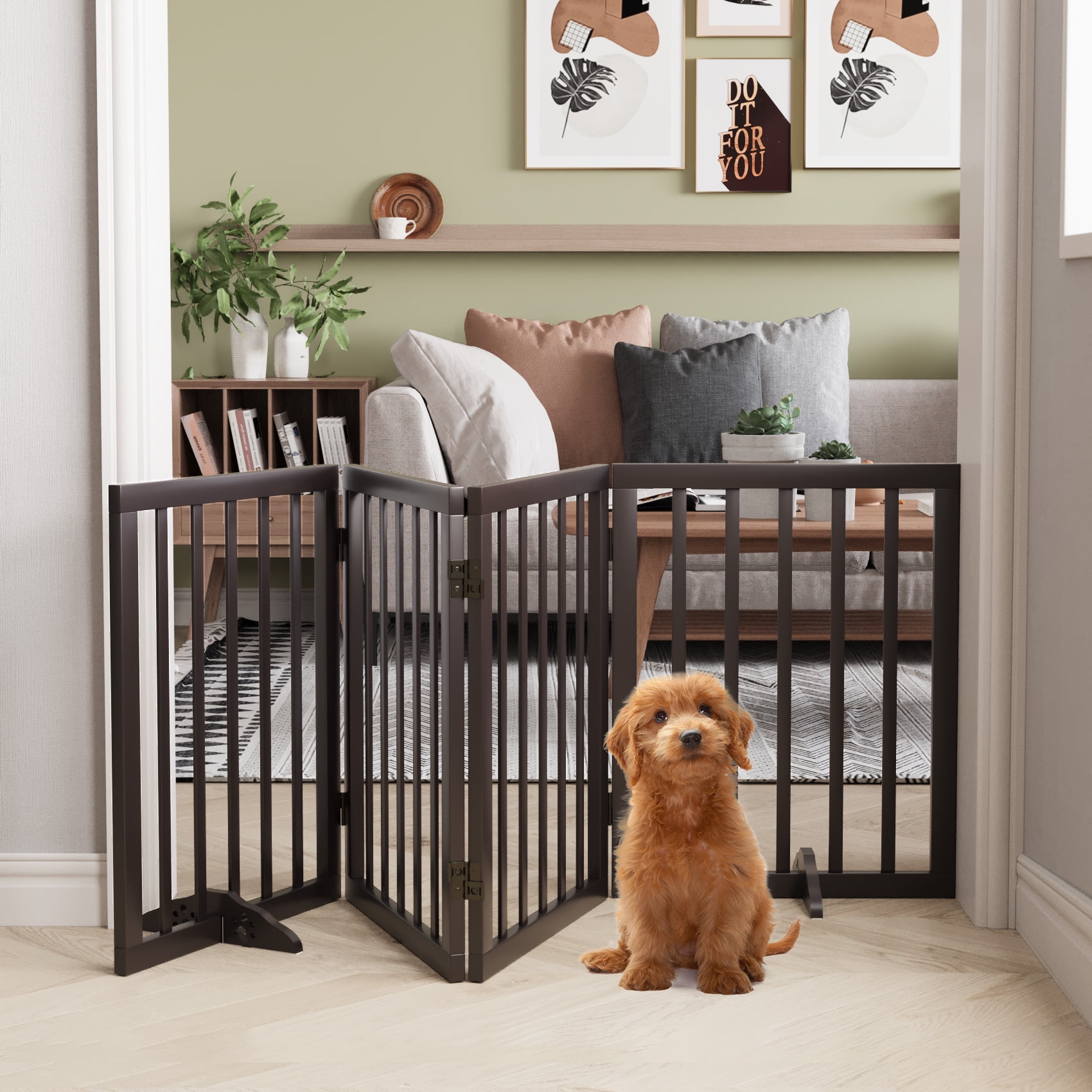 Smart FENDEE Foldable Dog Gate Extra Wide Pet Gates for Doorway,24"H,Brown