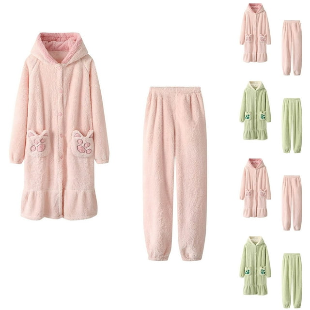 Meichang Women's Robe Set Winter Warm Hooded Plush Fleece Long Sleeve Button Down Bathrobe Tops And Pant 2 Piece Set Soft Fuzzy Loungewear Robes