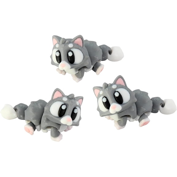 3D Printed Articulated Cat Fidget Toy 3 Pack – Flexible Cute Animal Desk Decor, Adult Stress Relief Collectible – 3D Printed in USA