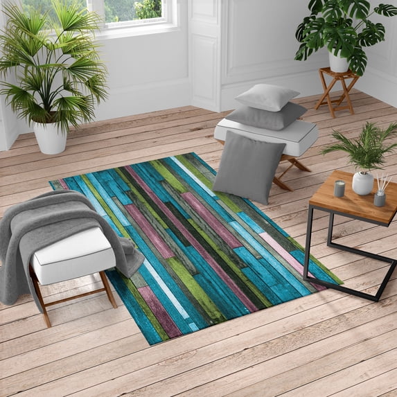 Wooden Print Turkish Area Rug, Brown Old Hardwood Floor Plank Grunge Lodge Garage Natural Rural Graphic, Soft Carpet for Living Room Decor with Distressed Look, 2.6' x 5', Aqua Green, by Ambesonne