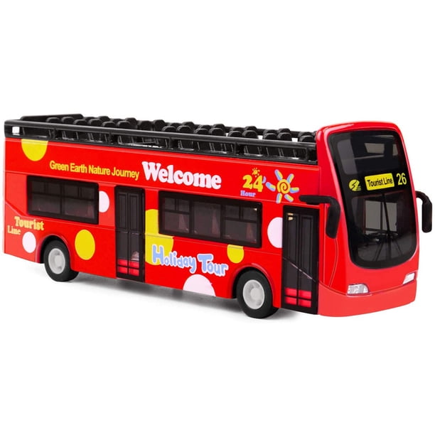 Autobús turístico de juguete de dos pisos de aleación fundida a presión roja, molde de vehículo descapotable, autobús con luces y música en la parte trasera.