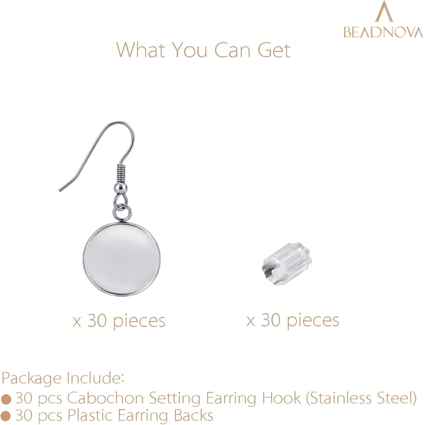 Earring Kit 30pcs Blank Ear Wire Hook 14mm Stainless Steel Cabochon Setting Earring Bezel with Rubber Backs for Cabochon Resin DIY Earwire Making (14mm, 30pcs)