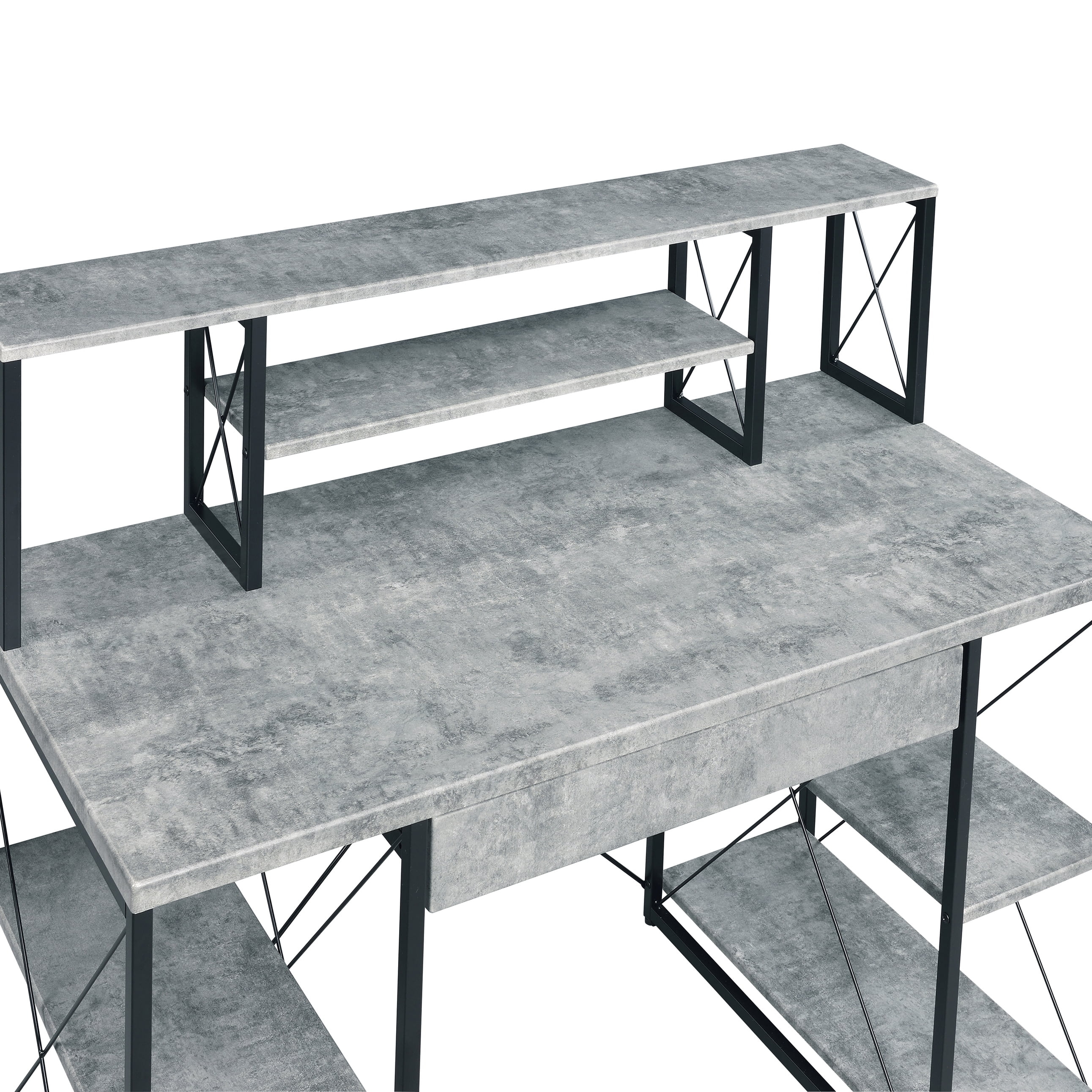 Astoutdoor Grey and Black Office Desk with Open Shelves and Hutch