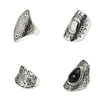 Guodhu 4PCS Retro Vintage Cocktail Statement Wide Band Ring Set Black Marcasite & Crystal Rings for Women Antique Silver Big Black Onyx Stone Ring