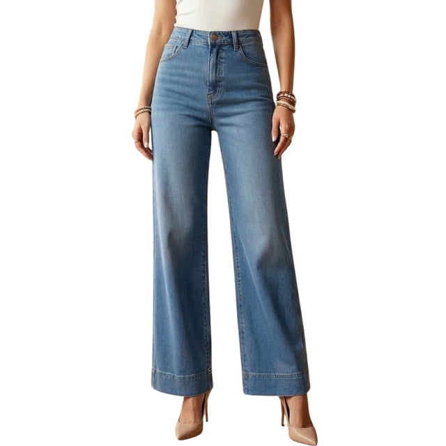 Pantalón Mezclilla Mujer Wide Leg Tiro Alto Corte Amplio Denim Jeans Moda