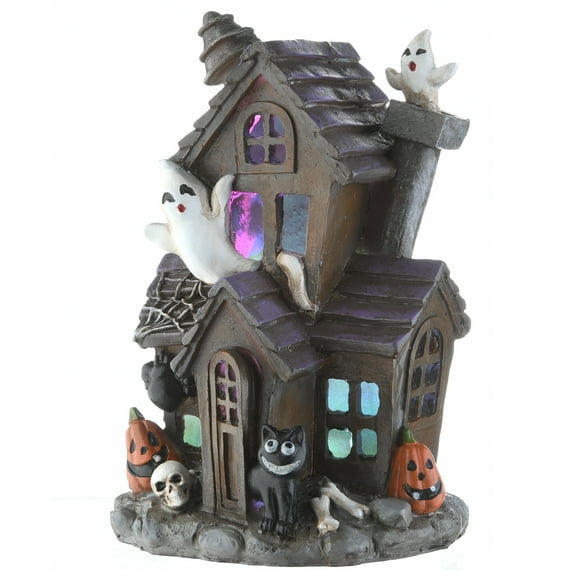 6 in. Pre-Lit Halloween Figurine, Black, Haunted House, 1 Multicolor LED Light, Battery Operated