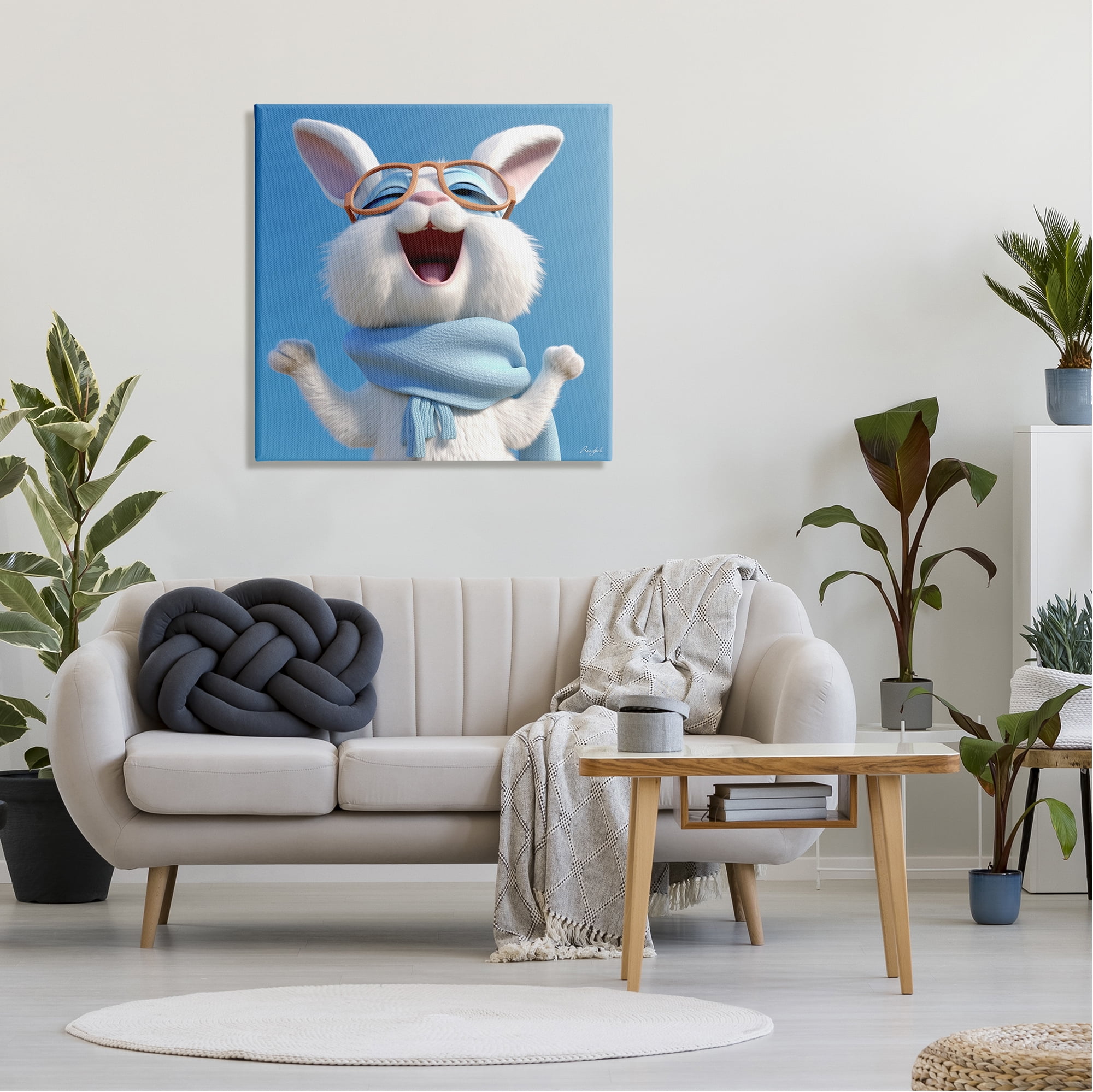 Stupell Industries Happy Rabbit in Blue Animals & Insects Painting Gallery Wrapped Canvas Art Print Wall Art, 30 x 30
