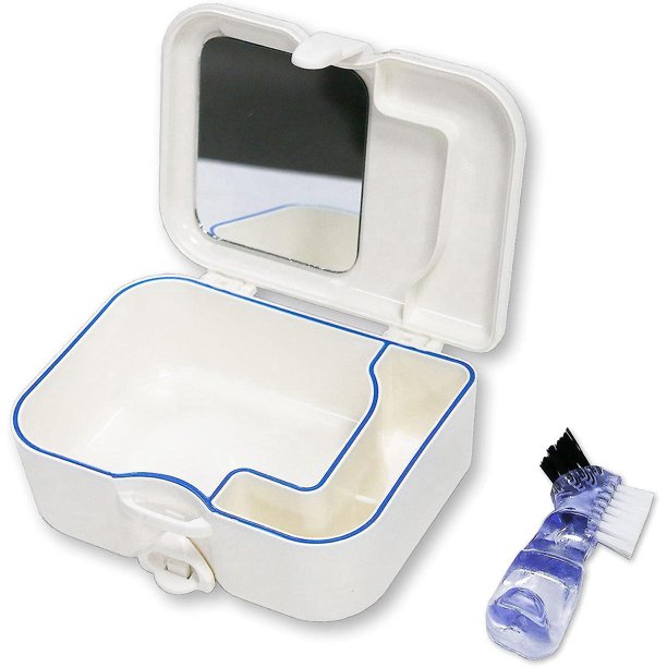 BRILLAR Estuche de baño portátil para dentaduras postizas con espejo y cepillo de limpieza - Contenedor de almacenamiento para dentaduras postizas de viaje para limpieza y remojo - Ideal par