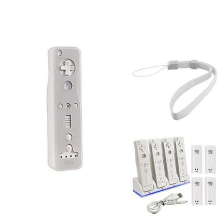 Insten White Remote Skin Case + Hand Strap + 4-Port Charging Station Dock with 4-pack 2800 mah Battery For Nintendo Wii