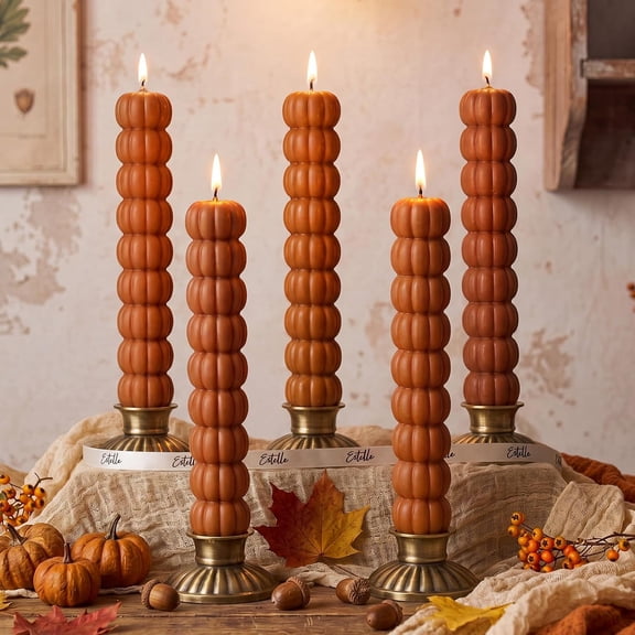 NEXIMO 5 Pcs Pumpkin Taper Candles Autumn Halloween Pumpkin Shaped Smokeless Tapered Candles Gifts for Halloween Thanksgiving Wedding Home Dinner Party Candlesticks Decor (Warm Brown)