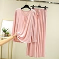 thumbnail image 2 of Tnhcen Women's Summer Lightweight Solid Color Modal Cotton Polyester Long Sleeve Long Pants Pajama Set Elastic Waist Drawstring Breathable Comfortable Loungewear, 2 of 5