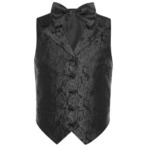 inhzoy Boys Paisley Floral Patterned Wedding Waistcoat with Bow Tie for Wedding Birthday Party Formal Suit Black 16
