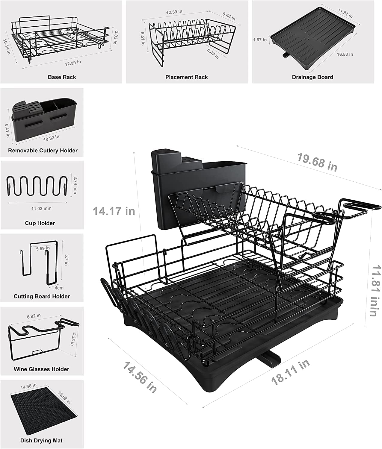 Dish Drying Rack, 2-Tier Kitchen Dish Rack Drainboard Set, Stainless Steel  Dish Rack with Drainboard Set，Large Rust-Proof Dish Drainer with Utensil  Holder, Cutting Board Holder for Kitchen（Black） 