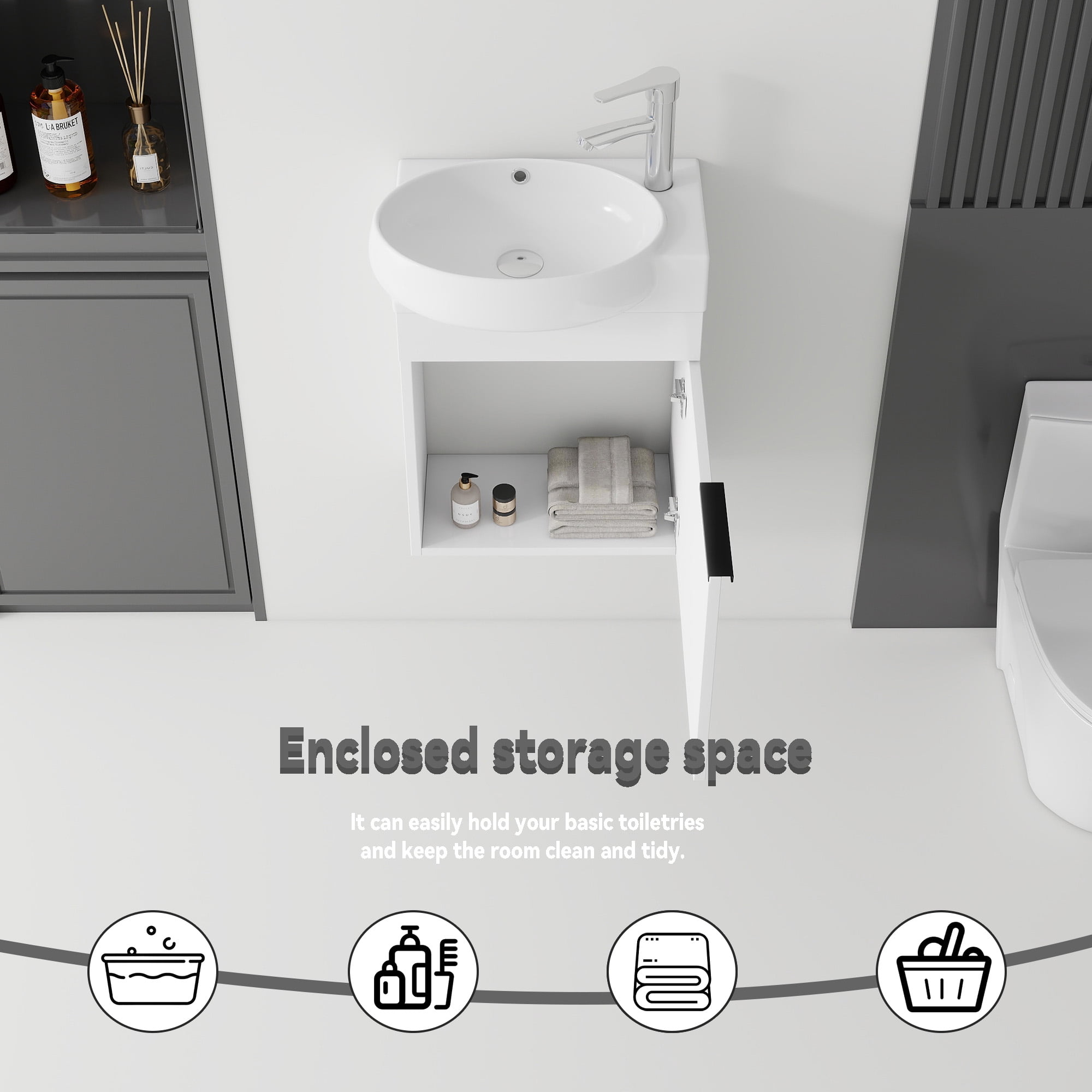 Leumius 16" Wall-Mount Bathroom Vanity Cabinet with with Ceramic Sink & Soft‑Close Doors for Small Space,Bathrooms,White