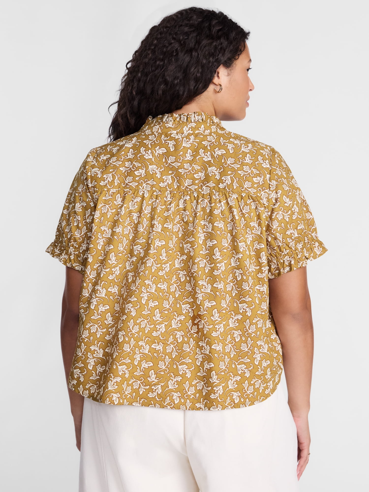 Terra & Sky Women's Plus Flowy Cotton Blouse with Short Ruffled Sleeves, Sizes 0X-5X