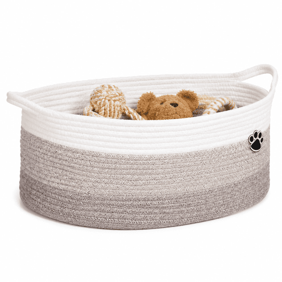Charcrocsm Woven Cotton Rope Basket with Handles, Cute Pet Toy Storage Bin for Dog, Decorative Gift Basket for Home, Baby Nursery, Closet, White & Brown, Small